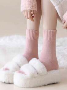 1 Đôi tất cổ cao lót nhung dày dặn mùa đông cho nữ, tất dài đến giữa bắp chân ấm áp để mặc thường ngày - Hồng - Xem 4