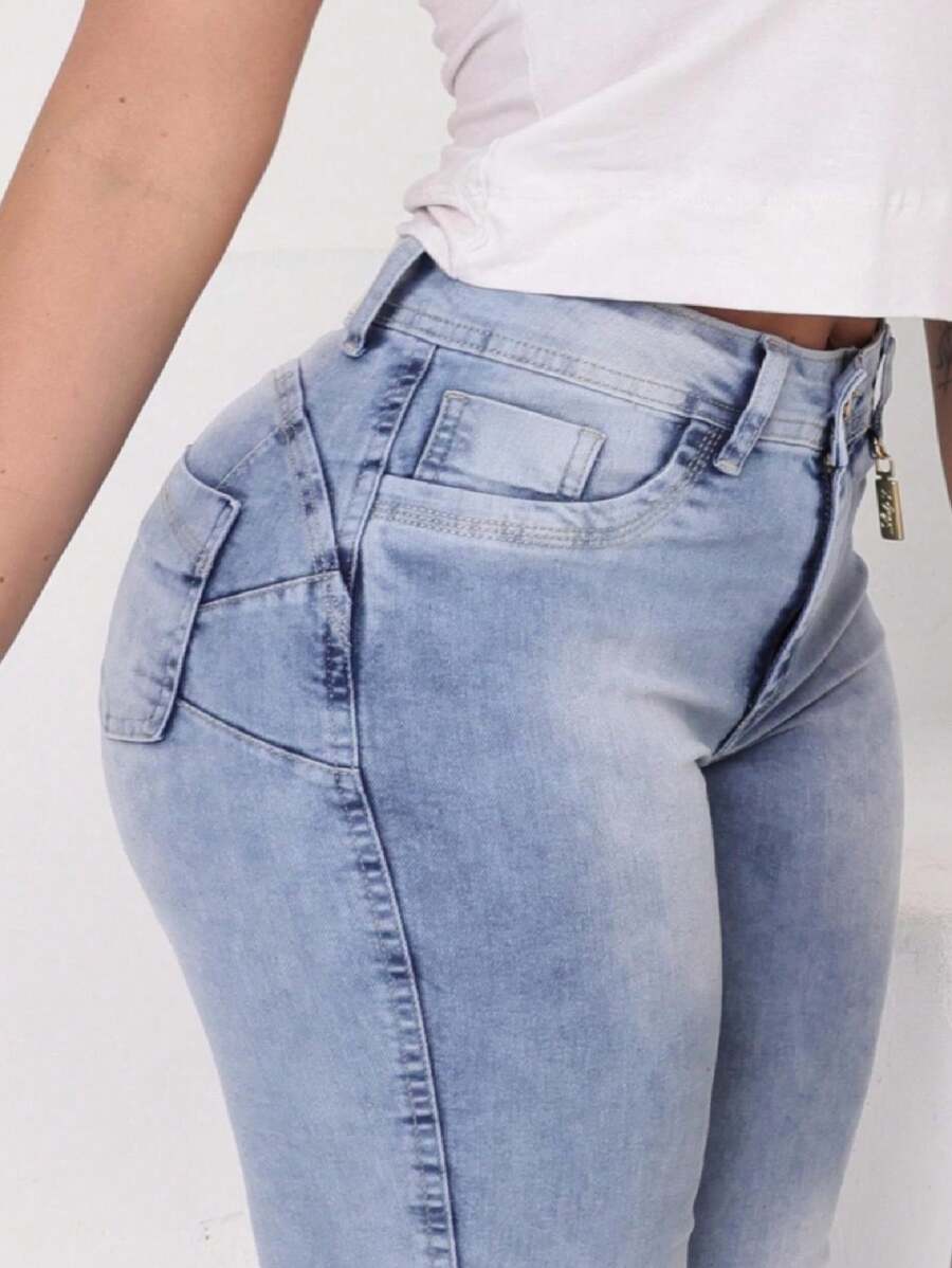 High-Waisted Skinny Jeans With Heart-Shaped Yoke For A Butt Lift - Rửa nhẹ - Xem 1