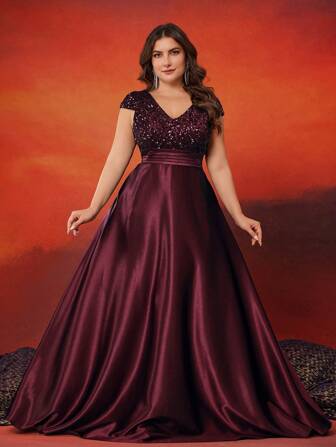 XUIBOL Plus Size Women's Elegant Patchwork Taffeta Flared V-Neck Formal Long Dress With Pockets, Suitable For Gala, Banquet And Party (Embellished), Wedding Guest Dress, Evening Dress,Gown