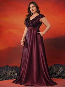 XUIBOL Plus Size Women's Elegant Patchwork Taffeta Flared V-Neck Formal Long Dress With Pockets, Suitable For Gala, Banquet And Party (Embellished), Wedding Guest Dress, Evening Dress,Gown - 酒紅色 - 查看 3