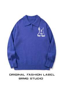 Casual Loose Knit Pullover Sweater With Letter Print, Turndown Collar, Button Half-Placket, Long Sleeve, Dropped Shoulder, Unisex Campus Style, Suitable For Autumn And Winter - Blue - View 2