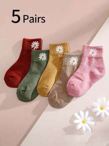 5 đôi tất trẻ em màu trơn in họa tiết hoa cúc, phù hợp cho mọi mùa - Nhiều màu - Xem 8