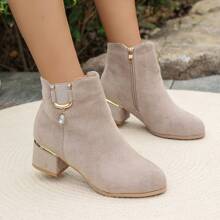 2025秋冬新款女士百搭靴子粗跟中跟短靴绒面踝靴时尚水钻扣大码靴子 - 杏色 - 查看 15