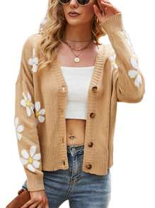 Women Loose Knit Sweater, Adults Button-down Flower Pattern Long Sleeve V-neck Cardigan - Camel - Ver 3
