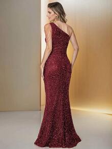 Sexy Open Shoulder Sequin Dress, Retro Casual Resort Style Evening Party Cocktail Gown - Burgundy - View 2