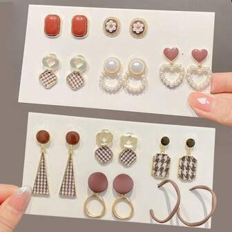 Set de 10 pares de pendientes colgantes de metal con diseño de pata de gallo vintage, con perlas y formas de corazón, apropiados para uso casual y laboral, regalo de San Valentín