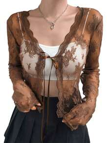 Womenacute;s Sexy Sheer Shrug, Casual Long Sleeve Tie Up Floral Lace Cropped Cardigan - Marrón - Ver 10