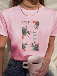 Women's Babylook T Shirt 100% Cotton Flowers Flowers But First Pray Religious Phrase Prayer But First Pray - Màu Hồng baby - Xem 1