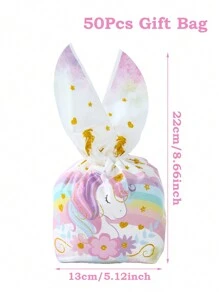 50个粉色彩虹独角兽主题礼品袋，装饰糖果袋，兔耳朵造型礼品袋，非常适合生日、婚礼、派对、家庭聚会、节日派对等场合的礼品包装，带系带的饼干袋，派对小礼物 - 獨角獸 - 查看 3