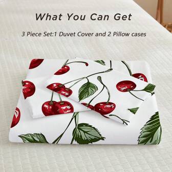 Juego de funda nórdica de 3 piezas (1*Funda nórdica + 2*Funda de almohada, sin relleno), con estampado de cerezas, suave, cómodo y acogedor para dormitorio y habitación de invitados, ideal para decoración del hogar y la residencia, hipoalergénico y de fácil cuidado, para todas las estaciones