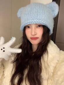 1 件女式冬季纯蓝色涤纶可爱熊针织帽 - 藍色 - 查看 2