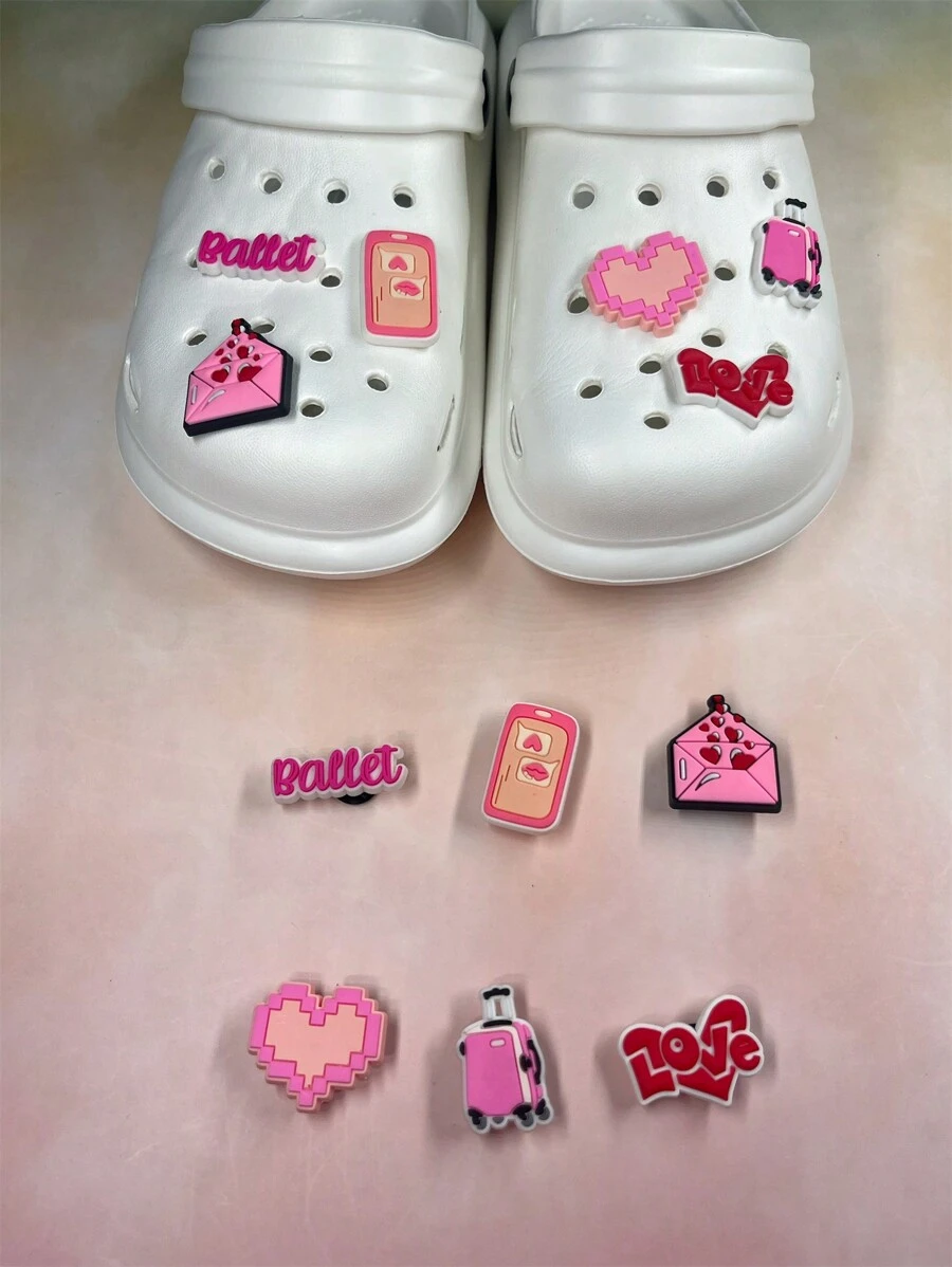 6 件套粉色系列手机与心形卡通图案适用于木屐、装饰性鞋饰、节日礼物、自由组合 DIY 装饰 - 彩色 - 查看 1