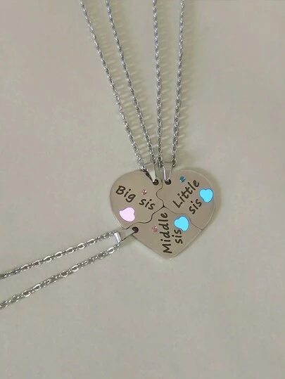 ATLVXJL 3 件/套好朋友姐妹字母细节大姐姐和中姐姐和小妹妹夜光在黑暗中成长爱心装饰不锈钢首饰套装银色吊坠项链适合女性爱人节日礼物