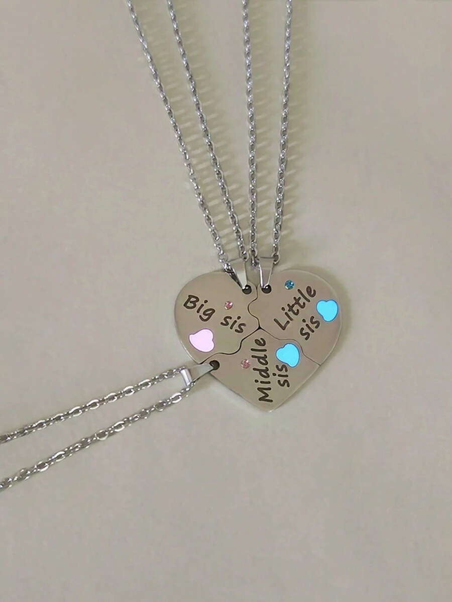 ATLVXJL 3 件/套好朋友姐妹字母细节大姐姐和中姐姐和小妹妹夜光在黑暗中成长爱心装饰不锈钢首饰套装银色吊坠项链适合女性爱人节日礼物 - 彩色 - 查看 1