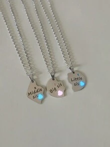 ATLVXJL 3 件/套好朋友姐妹字母细节大姐姐和中姐姐和小妹妹夜光在黑暗中成长爱心装饰不锈钢首饰套装银色吊坠项链适合女性爱人节日礼物 - 彩色 - 查看 7