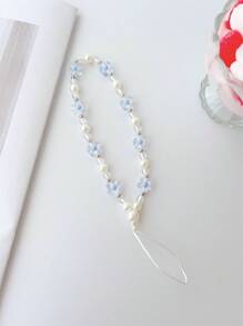 1pc Flower & Pearl Decorated Silver Ring Phone Lanyard, Universal Key/Earphone Case Holder Gifts For Mother, Family, Friends, Birthday, Holiday Phone Charm, Phone Chain