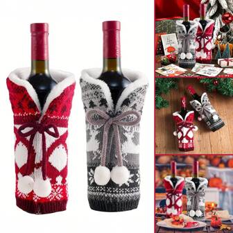 1/2 Pcs Christmas Wine Bottle Covers Reindeer Snowflake Pattern Knit Bottle Dress Red Gray Xmas Wine Bottle Cover For Winter Christmas New Year Party Dinner Table Decor