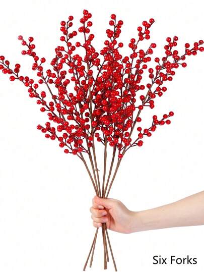 MEHELANY 4Pcs/2Pcs/1Pc 60cm 23"Artificial Red Berry Stem 6 Forked Red Berry Holly Berry Branches 23.6 Inch Fake Burgundy Berry Picking For Door Wreath Vase Arrangement Centerpiece Tree Decoration Holiday Home DIY Wedding Decor, New Year Decor, Valentine Day, Gift Home Decor Christmas Decorations Room Decor Christmas