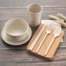 6 件套塑料餐具套装，盘子，碗，杯子，勺子，叉子，筷子，加厚，适合家庭使用，返校使用