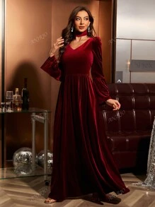 Vestido de fiesta de Año Nuevo para mujer, vestido formal elegante de longitud completa en terciopelo con cuello de tortuga, mangas abullonadas y mangas acampanadas