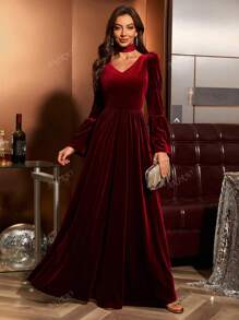 Vestido de fiesta de Año Nuevo para mujer, vestido formal elegante de longitud completa en terciopelo con cuello de tortuga, mangas abullonadas y mangas acampanadas