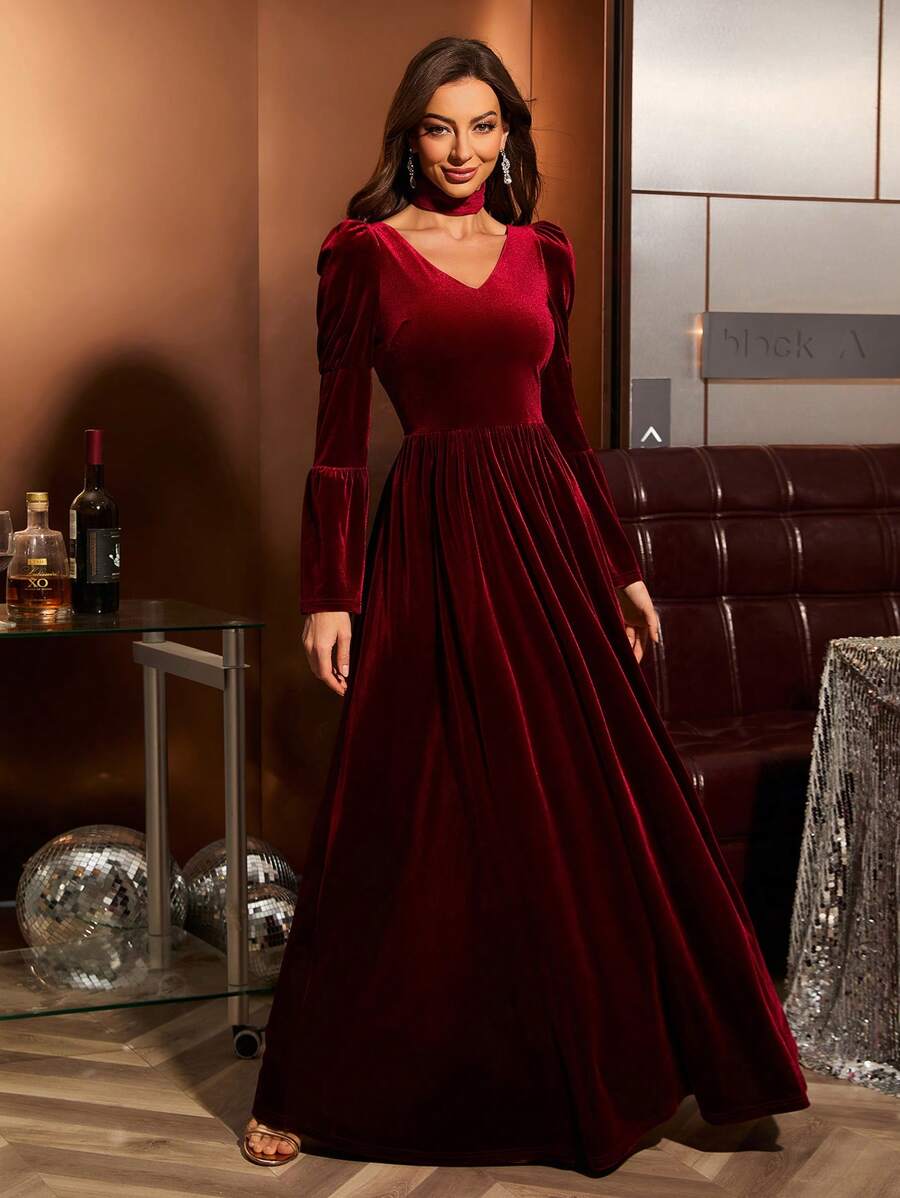 女士新年派对礼服，V 领泡泡袖喇叭袖高领天鹅绒全长优雅礼服 - 酒紅色 - 查看 1