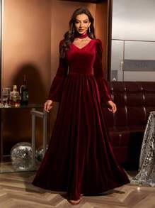 女士新年派对礼服，V 领泡泡袖喇叭袖高领天鹅绒全长优雅礼服 - 酒紅色 - 查看 3