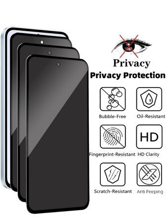 3片装全屏隐私保护膜，兼容三星、荣耀手机 - 防窥、防静电、防碎裂、防指纹、防油污，五合一防护，35度防窥，全屏覆盖，无白边，钢化玻璃膜；也兼容小米、红米手机 - 超薄边框，高铝玻璃，高透光率，不反光，无气泡，触感顺滑，灵敏触控，适用于摩托罗拉、Realme等手机