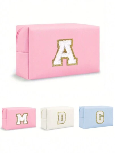 Women Octagonal Makeup Bag PU Letters Makeup Bag, Portable Chenille Letter Cosmetic Bag With Zipper, Initial Letter Patch PU Leather Waterproof Travel Toiletry Bag Monogram Make Up Pouch (Letter A~Z) For Fall Home Decor,Boho Vibes,For Holiday Beach, Bathroom Collection, Bedroom Collection, Large Capacity