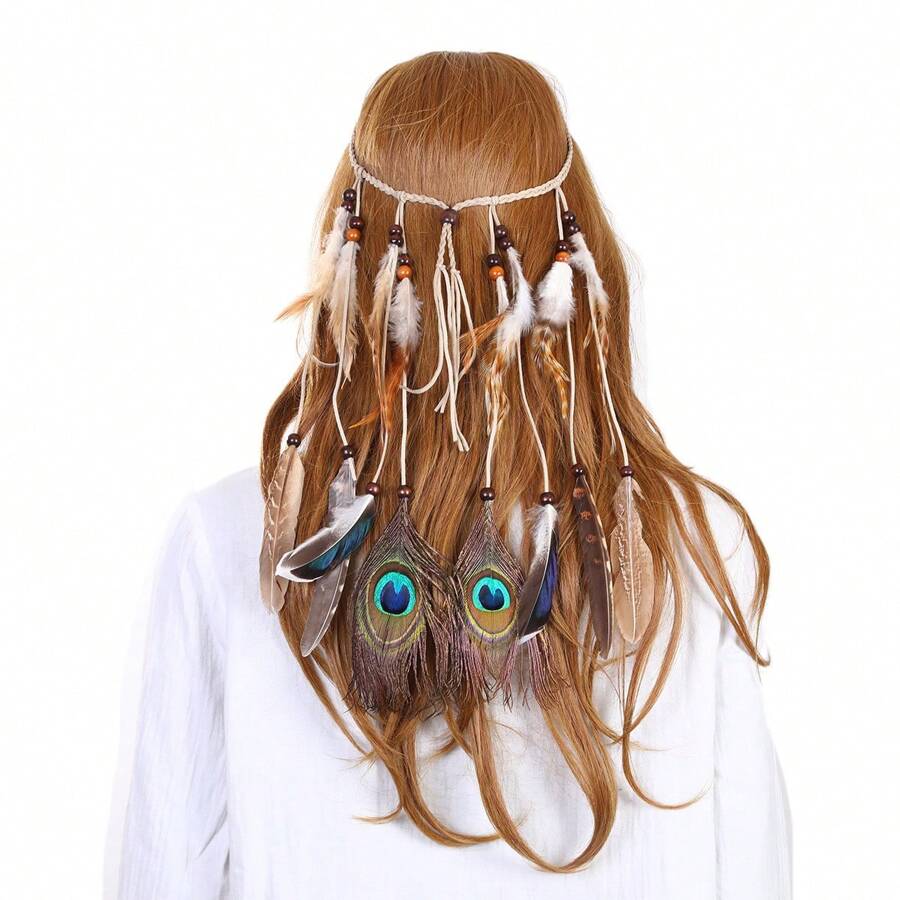 Bohemian Peacock Feather Headband, Hippie Tassel Hair Accessories For Women & Girls Winter Scarf Warm Hair Bands Women Bandanas