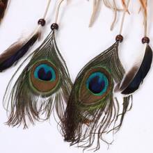 Bohemian Peacock Feather Headband, Hippie Tassel Hair Accessories For Women & Girls Winter Scarf Warm Hair Bands Women Bandanas