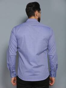 Men's Summer Spring Autumn Long Sleeve Shirt Business Formal Wear No Ironing Anti-Wrinkle Slim Solid Color - 藍色 - 查看 3