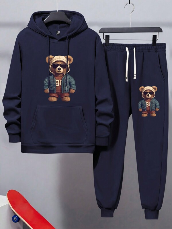 2pcs Men's Bear Print Hoodie & Drawstring Waist Sports Pants Set, Casual Outfit For Spring & Autumn
