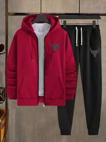 Nouveau set de 2 pièces pour hommes, tenue de sport décontractée avec imprimé graphique, coupe regular, convient pour le fitness et la course, veste à manches longues et pantalon