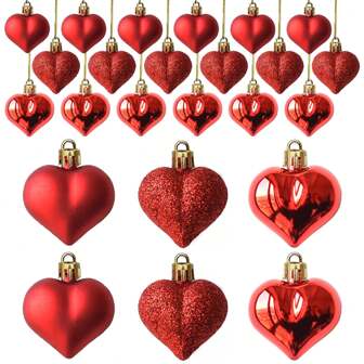 12Pcs Heart Ornaments Multi Finish Heart Baubles Hanging Ornaments For Valentine's Day Decor Mother's Day Christmas Tree Wedding Anniversary Party Decoration