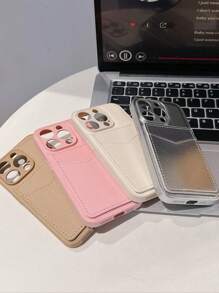 1pc Customized Korean Style Litchi Texture Card Holder Leather Phone Case, Personalized Letter Name, Solid Color Retro Premium Couple Phone Case - Red - View 3