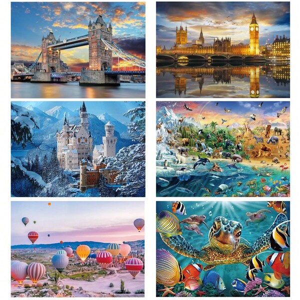 1 Caixa com 1000 Peças de Quebra-Cabeça, incluindo Ponte da Torre de Londres, Londres à Noite, Castelo de Neuschwanstein, Mundo Animal, Balão de Ar Quente, Tartaruga Marinha, Tamanho 50*70cm, Quebra-Cabeças Grandes Adequados para Adultos, Educacionais, Inteligentes e Jogos de Família Relaxantes, Adequados para Decoração de Casa, Sala de Estar e Escritório, Ótimo Presente para Natal, Ano Novo e Páscoa