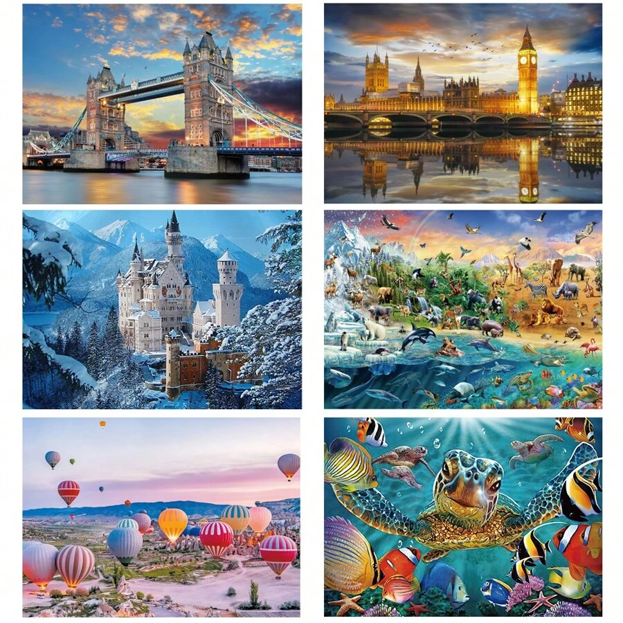 1 Caixa com 1000 Peças de Quebra-Cabeça, incluindo Ponte da Torre de Londres, Londres à Noite, Castelo de Neuschwanstein, Mundo Animal, Balão de Ar Quente, Tartaruga Marinha, Tamanho 50*70cm, Quebra-Cabeças Grandes Adequados para Adultos, Educacionais, Inteligentes e Jogos de Família Relaxantes, Adequados para Decoração de Casa, Sala de Estar e Escritório, Ótimo Presente para Natal, Ano Novo e Páscoa