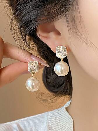 1 par de pendientes vintage minimalistas de perlas redondas, pendientes con colgante de strass de lujo, accesorio de joyería para mujeres, regalo del Día de San Valentín, para mamá, madre, Día de la Madre