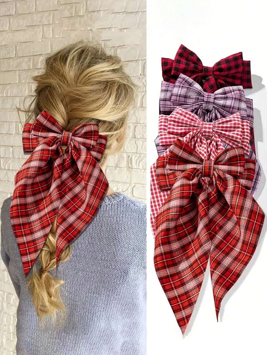 1 件甜美可爱纯色格子蝴蝶结发夹 - 彩色 - 查看 1