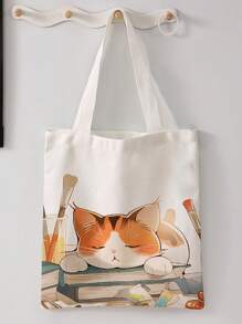 Borsa a spalla stampata con motivi di gatti e cani, stampata su entrambi i lati, borsa casual da viaggio e da spiaggia, grande capacità, riutilizzabile, borsa a tracolla casual da donna, borsa di tela da spiaggia di grande capacità, borsa della spesa stampata con motivi da donna