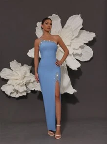 Handmade Beaded One Shoulder Knit Bandage Bodycon Dress, Elegant For Family Gatherings, Parties, And Evening Occasions - Blue - View 4