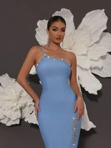 Handmade Beaded One Shoulder Knit Bandage Bodycon Dress, Elegant For Family Gatherings, Parties, And Evening Occasions - Blue - View 2