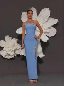 Handmade Beaded One Shoulder Knit Bandage Bodycon Dress, Elegant For Family Gatherings, Parties, And Evening Occasions - Blue - View 7