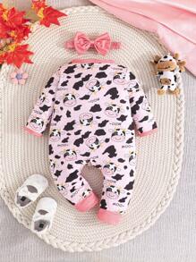 一套女婴长袖可爱奶牛印花按扣连体衣，双面磨毛面料，粉色，含蝴蝶结发带 - 粉色 - 查看 2
