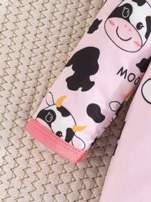 一套女婴长袖可爱奶牛印花按扣连体衣，双面磨毛面料，粉色，含蝴蝶结发带 - 粉色 - 查看 4