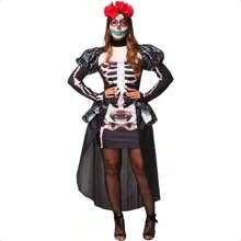 Trang phục dành cho phụ nữ Người lớn Mexico Skull Queen Deluxe Skeleton Dress với đuôi - Đen và trắng - Xem 3