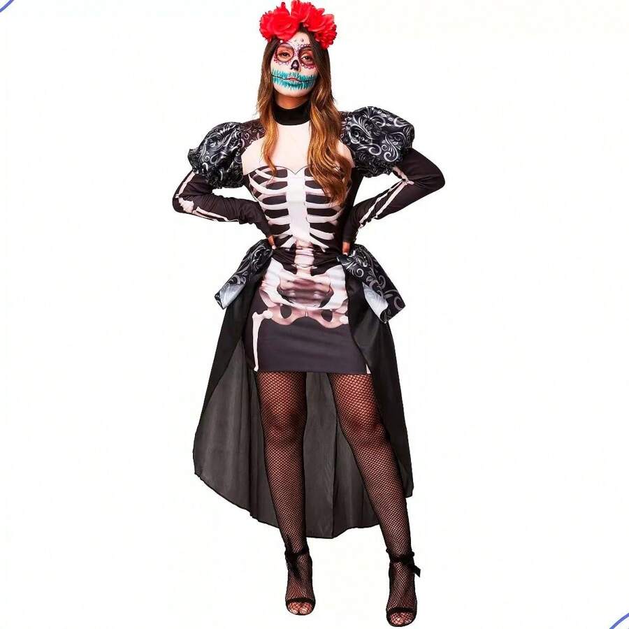 Trang phục dành cho phụ nữ Người lớn Mexico Skull Queen Deluxe Skeleton Dress với đuôi - Đen và trắng - Xem 1