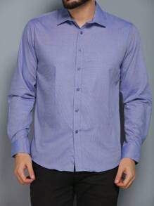 Men's Summer Spring Autumn Long Sleeve Shirt Business Formal Wear No Ironing Anti-Wrinkle Slim Solid Color - 藍色 - 查看 2