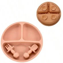 Bneseus 3pcs Silicone Baby Plate Set With Smiling Face Design, Non-Slip Toddler Divided Plate, Fork And Spoon For Dishwasher And Microwave, Suitable For 0-3 Years Old Children